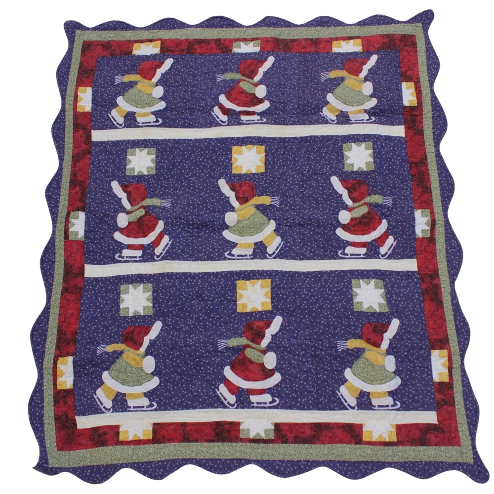 Vintage Handmade Christmas Lap Quilt Throw Ice Skating Girls 49x58
